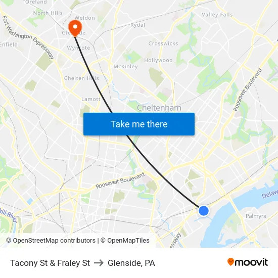 Tacony St & Fraley St to Glenside, PA map