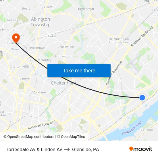 Torresdale Av & Linden Av to Glenside, PA map