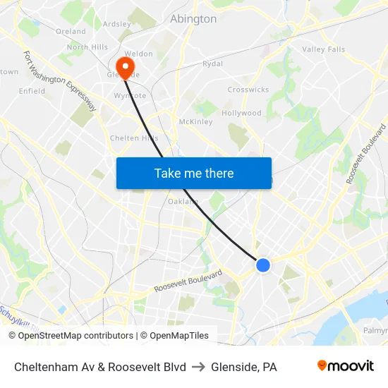 Cheltenham Av & Roosevelt Blvd to Glenside, PA map