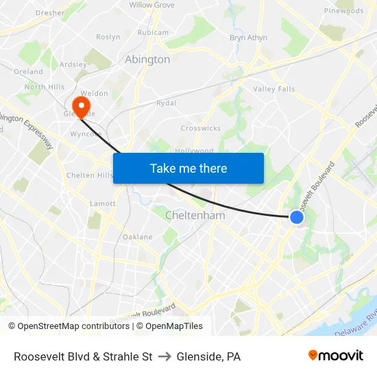 Roosevelt Blvd & Strahle St to Glenside, PA map