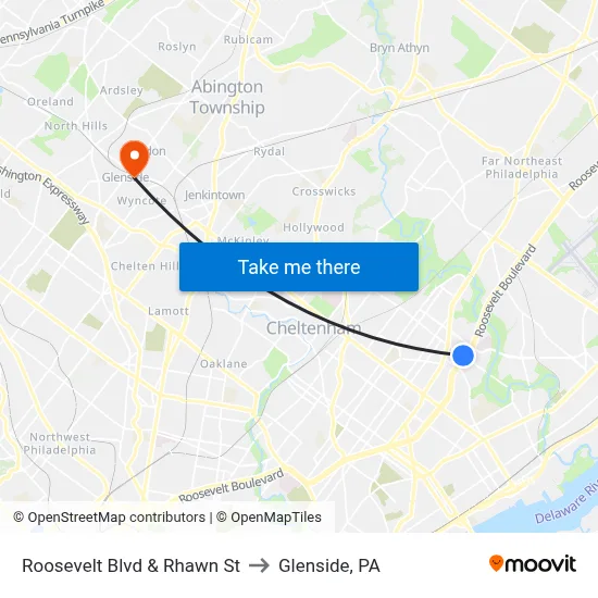 Roosevelt Blvd & Rhawn St to Glenside, PA map