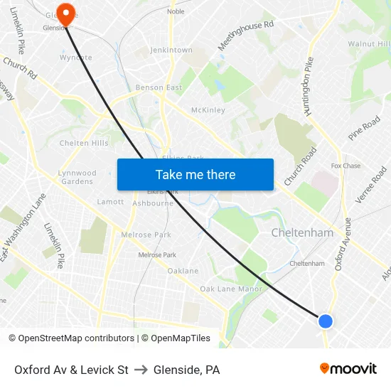Oxford Av & Levick St to Glenside, PA map