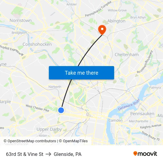 63rd St & Vine St to Glenside, PA map