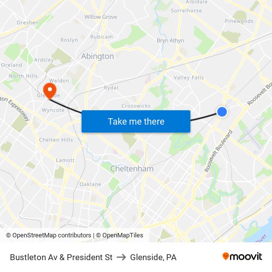 Bustleton Av & President St to Glenside, PA map