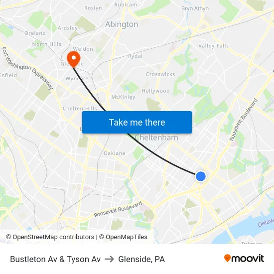 Bustleton Av & Tyson Av to Glenside, PA map