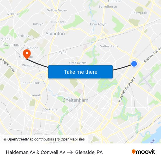 Haldeman Av & Conwell Av to Glenside, PA map