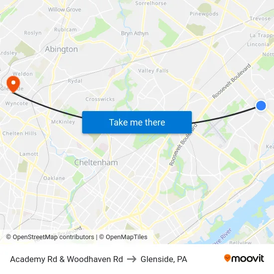 Academy Rd & Woodhaven Rd to Glenside, PA map