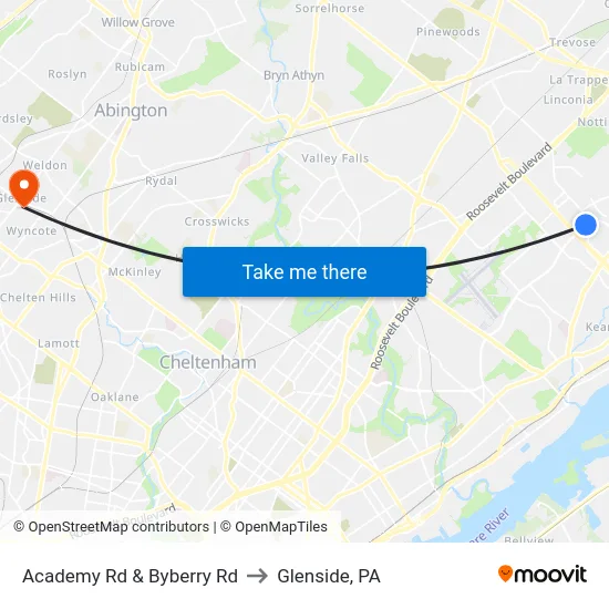 Academy Rd & Byberry Rd to Glenside, PA map
