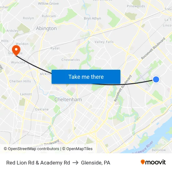 Red Lion Rd & Academy Rd to Glenside, PA map