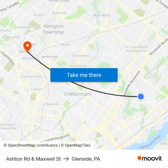 Ashton Rd & Maxwell St to Glenside, PA map