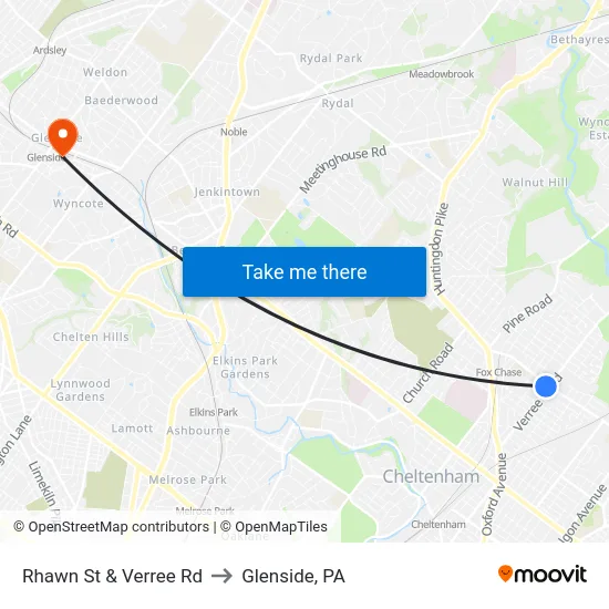 Rhawn St & Verree Rd to Glenside, PA map