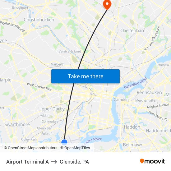 Airport Terminal A to Glenside, PA map