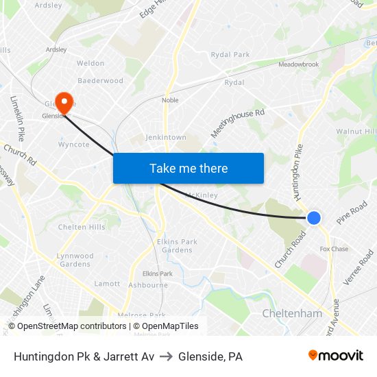 Huntingdon Pk & Jarrett Av to Glenside, PA map