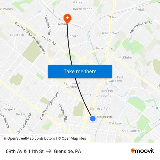 69th Av & 11th St to Glenside, PA map