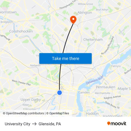 University City to Glenside, PA map