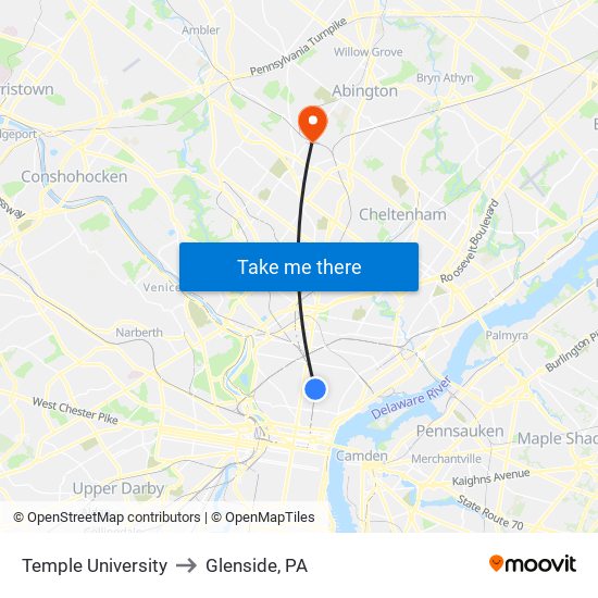 Temple University to Glenside, PA map
