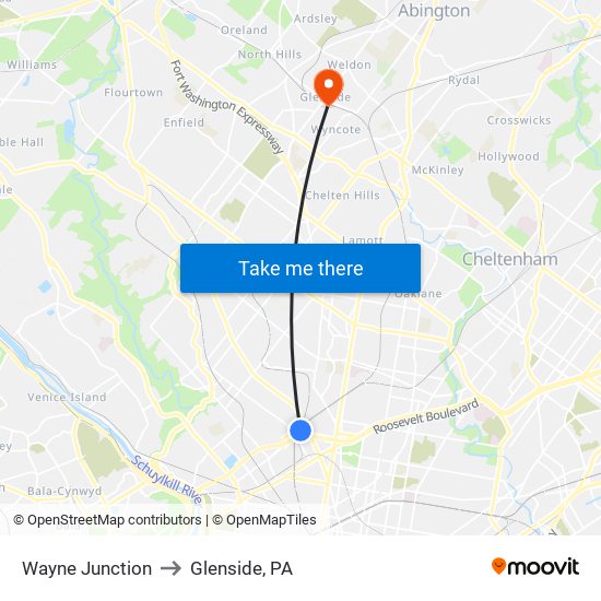 Wayne Junction to Glenside, PA map