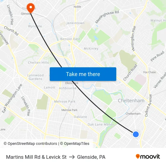 Martins Mill Rd & Levick St to Glenside, PA map