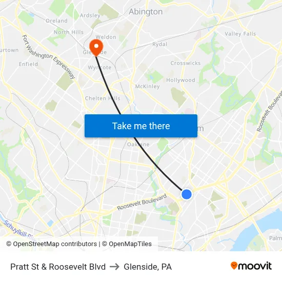 Pratt St & Roosevelt Blvd to Glenside, PA map