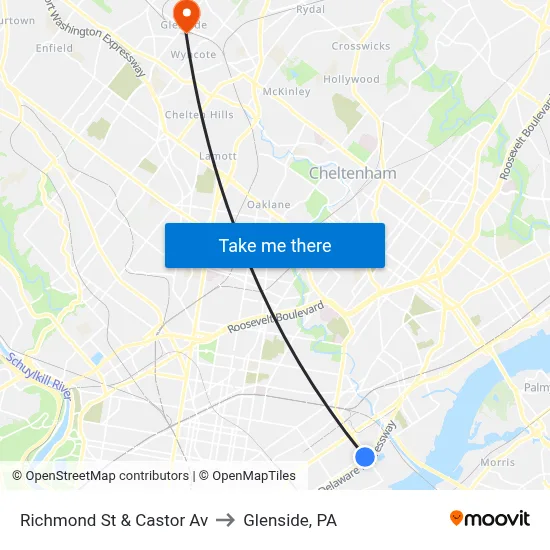 Richmond St & Castor Av to Glenside, PA map