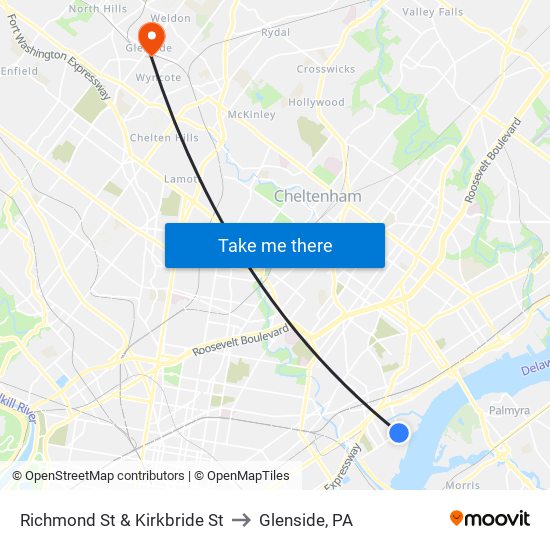 Richmond St & Kirkbride St to Glenside, PA map