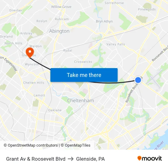 Grant Av & Roosevelt Blvd to Glenside, PA map