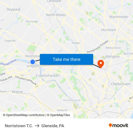 Norristown T.C. to Glenside, PA map