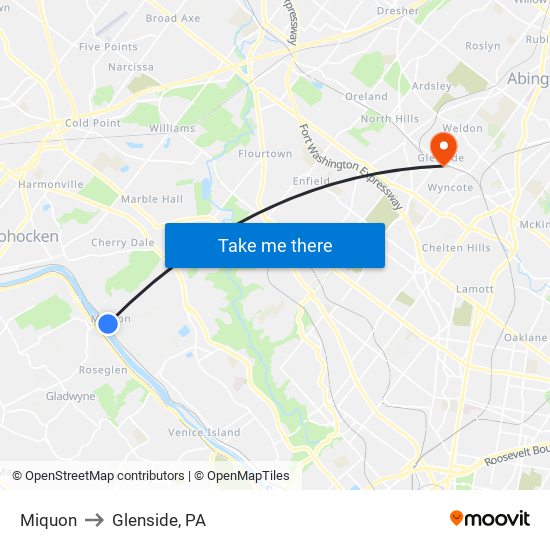 Miquon to Glenside, PA map