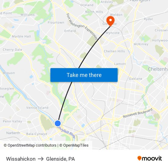 Wissahickon to Glenside, PA map