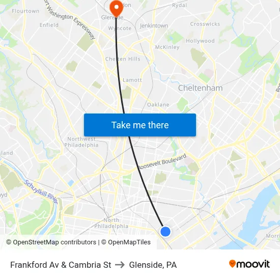 Frankford Av & Cambria St to Glenside, PA map