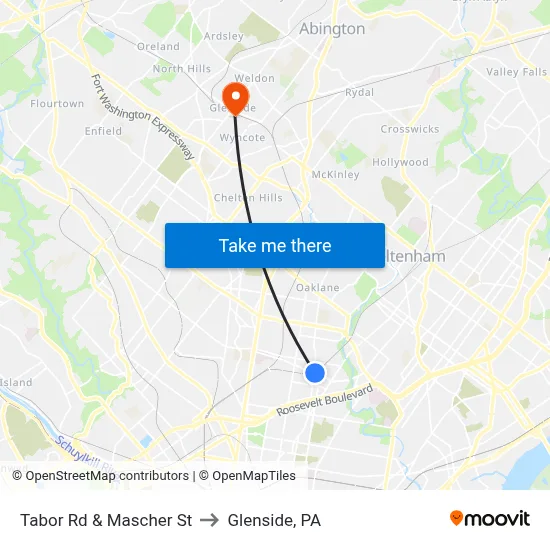 Tabor Rd & Mascher St to Glenside, PA map