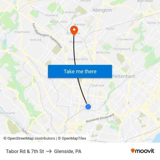 Tabor Rd & 7th St to Glenside, PA map