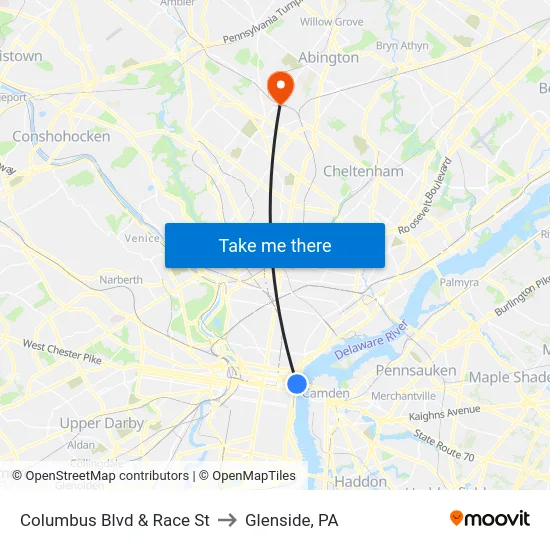 Columbus Blvd & Race St to Glenside, PA map