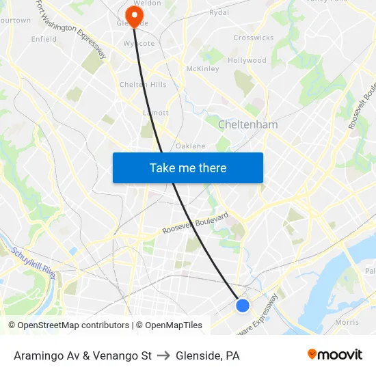 Aramingo Av & Venango St to Glenside, PA map