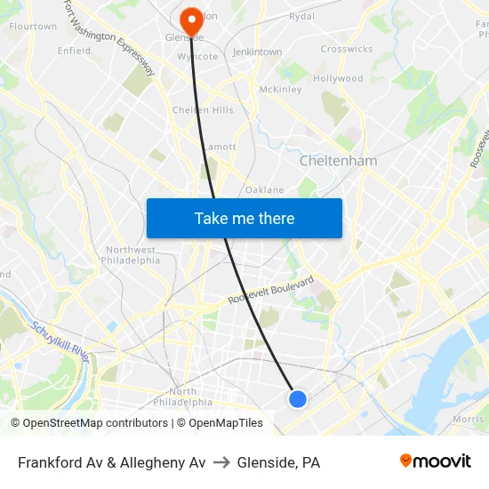 Frankford Av & Allegheny Av to Glenside, PA map