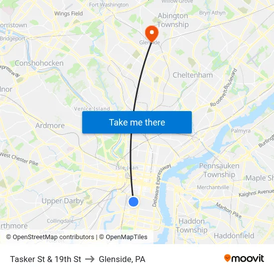 Tasker St & 19th St to Glenside, PA map