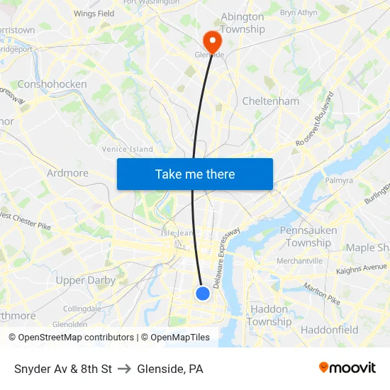 Snyder Av & 8th St to Glenside, PA map