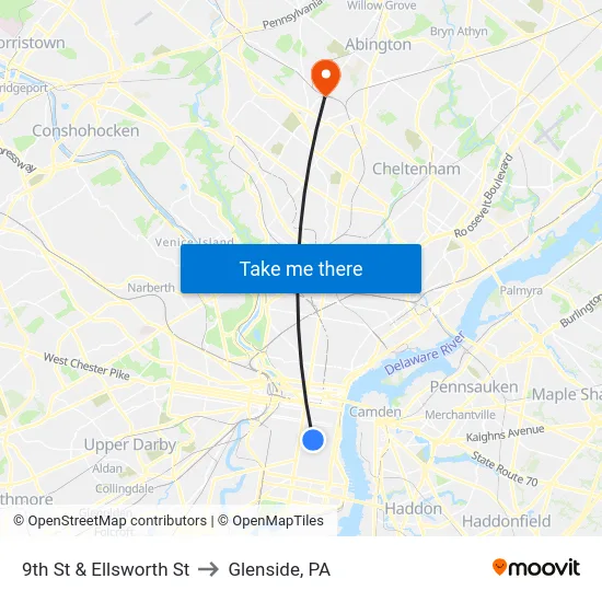 9th St & Ellsworth St to Glenside, PA map
