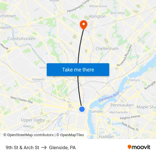 9th St & Arch St to Glenside, PA map