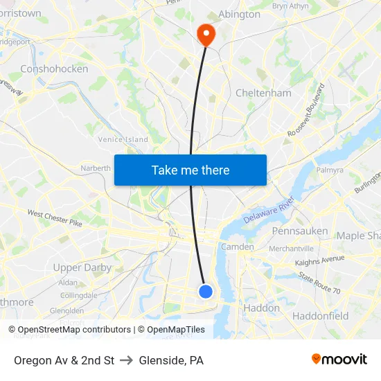 Oregon Av & 2nd St to Glenside, PA map