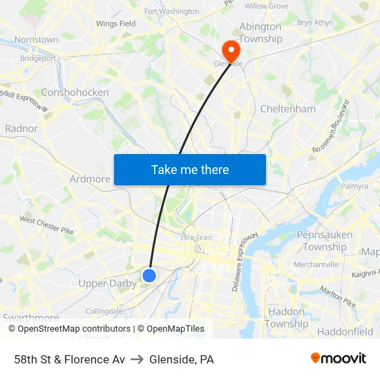 58th St & Florence Av to Glenside, PA map