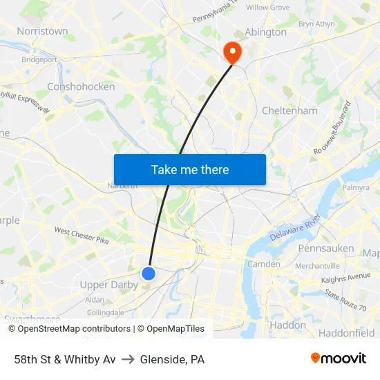 58th St & Whitby Av to Glenside, PA map