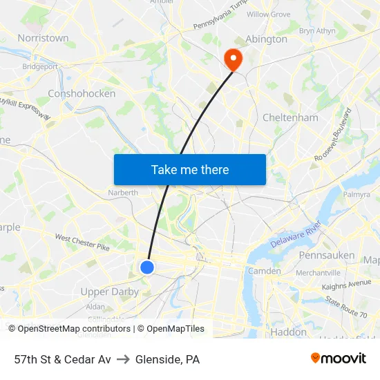57th St & Cedar Av to Glenside, PA map