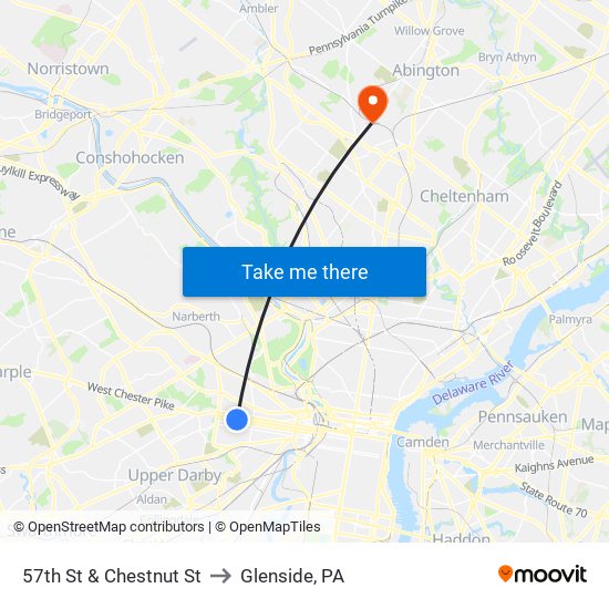 57th St & Chestnut St to Glenside, PA map