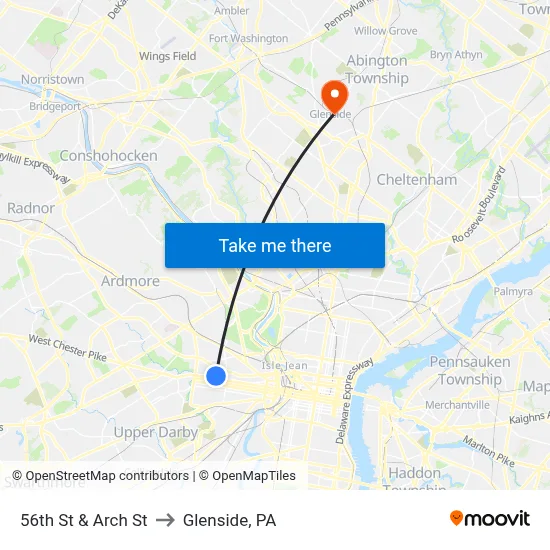56th St & Arch St to Glenside, PA map