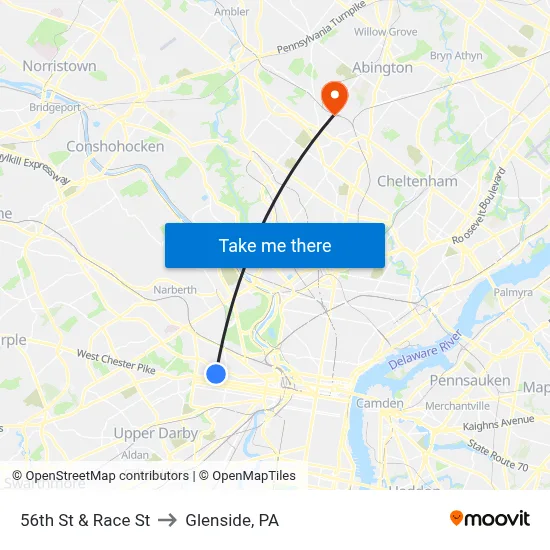 56th St & Race St to Glenside, PA map