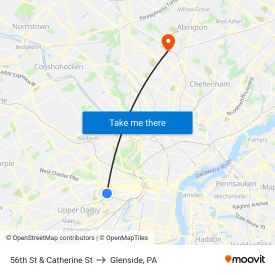 56th St & Catherine St to Glenside, PA map