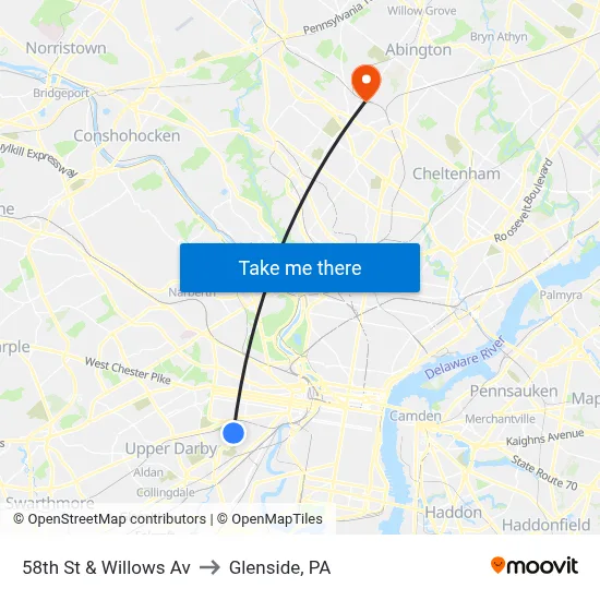 58th St & Willows Av to Glenside, PA map