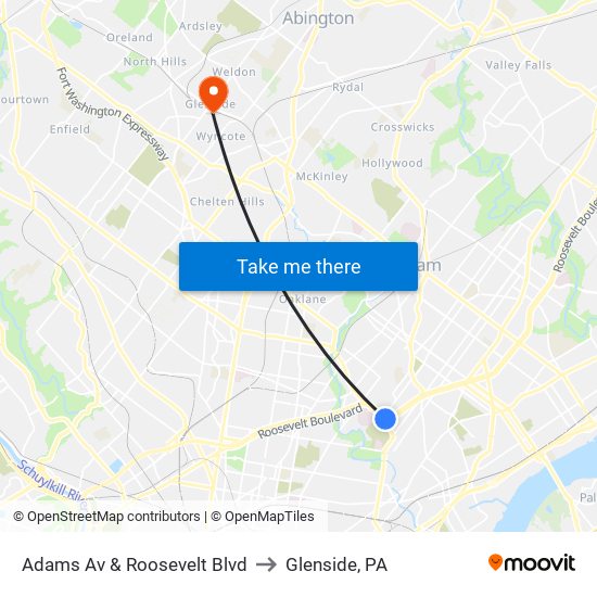 Adams Av & Roosevelt Blvd to Glenside, PA map