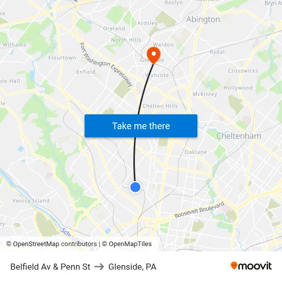 Belfield Av & Penn St to Glenside, PA map